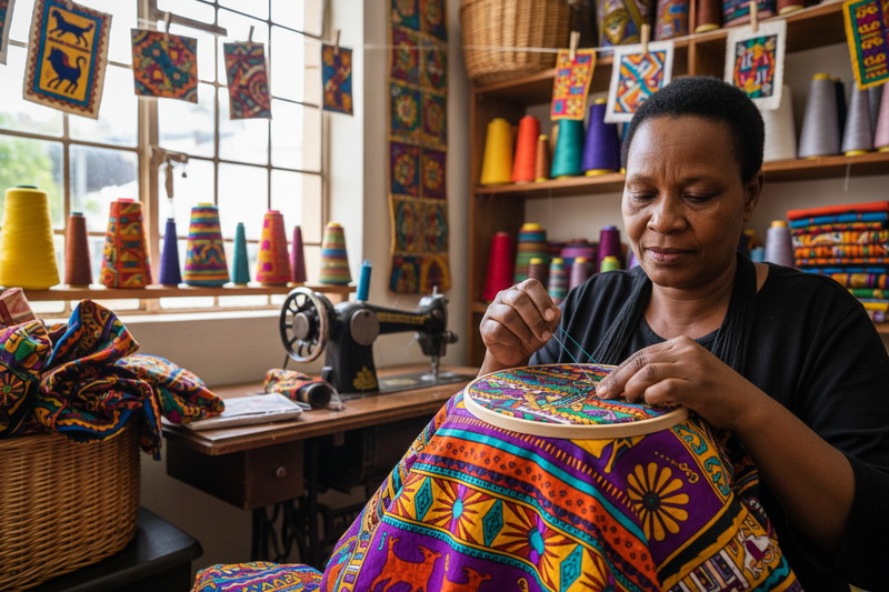 close up image of an extremely sexy attractive girl, doing sewing and needle work, stitching, whilst working in a south african sewing craft shop. Vibrant colours, bright and attractive