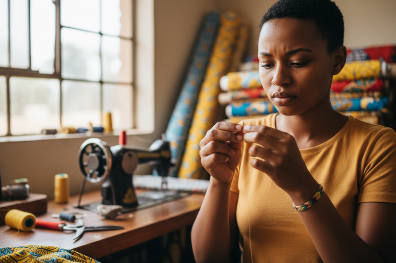 generate an image of a young lady who is trying to thread a needle, in a sewing workshop, close up, beautiful attractive woman who is sewing. The image must look as if it was taken in south africa