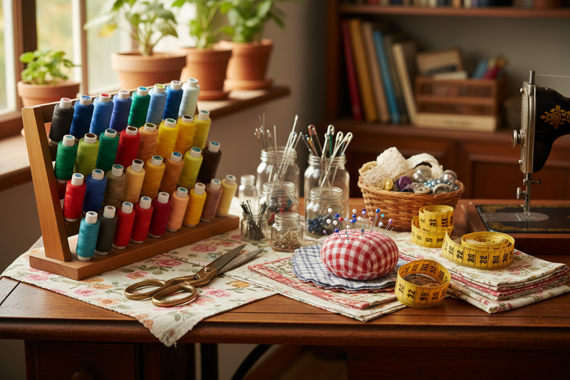 sewing table with sewing accessories, needles, threads, scissors, photoreal